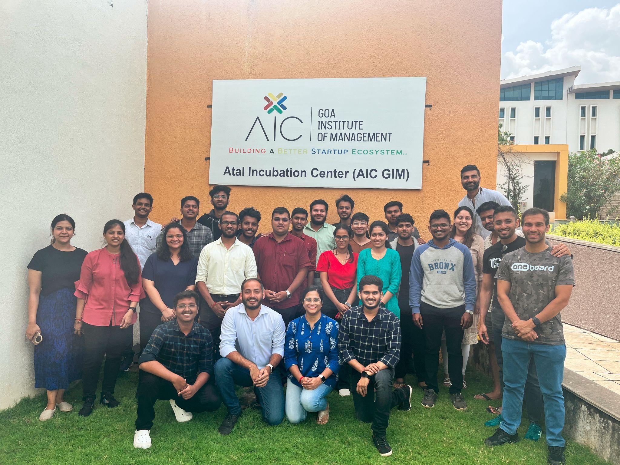 AIC-GIM team in front of the Atal Incubation Centre, GIM campus